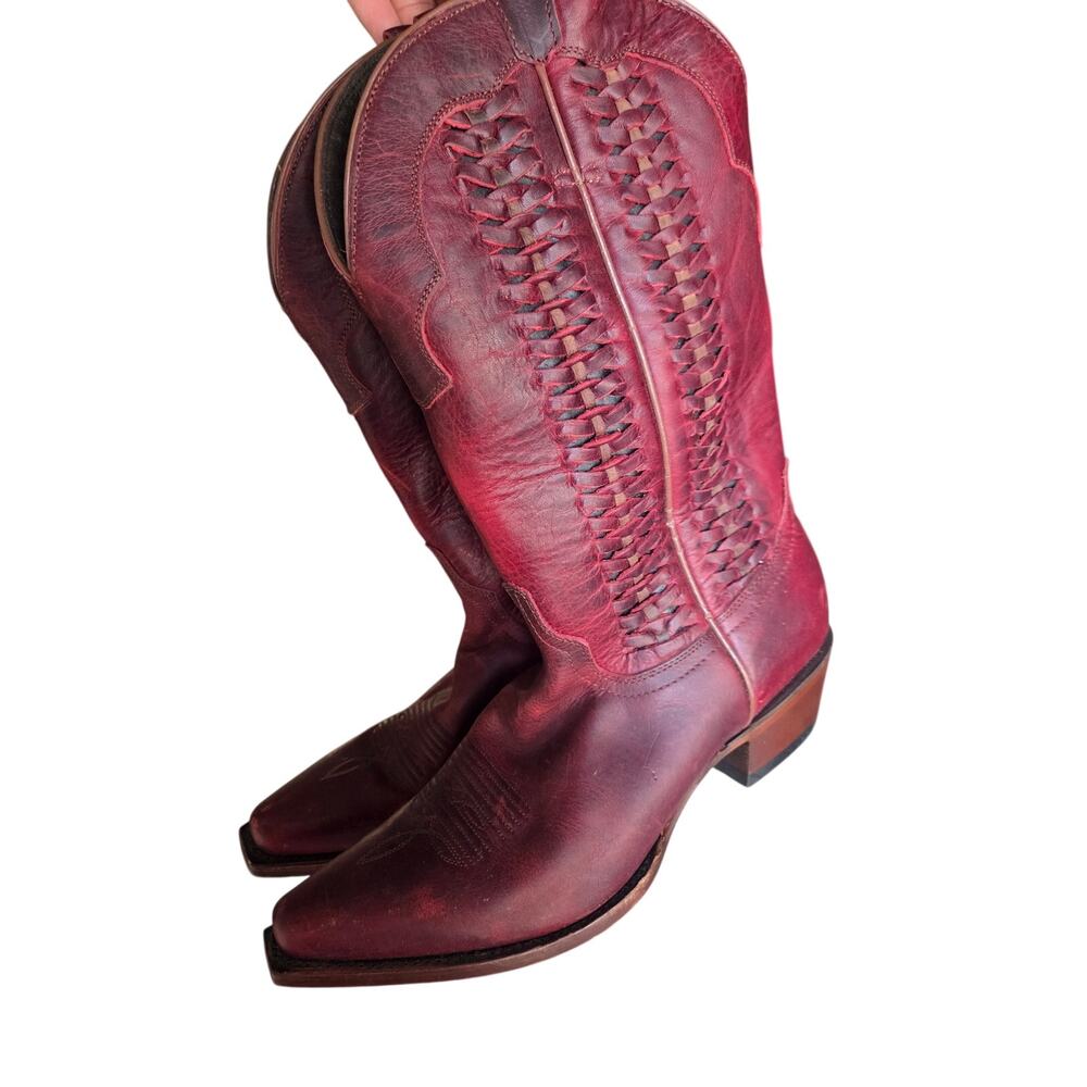 Shyanne Burgundy Woven Leather Western Boots Cowgirl Womens 9 Snip Toe Boho